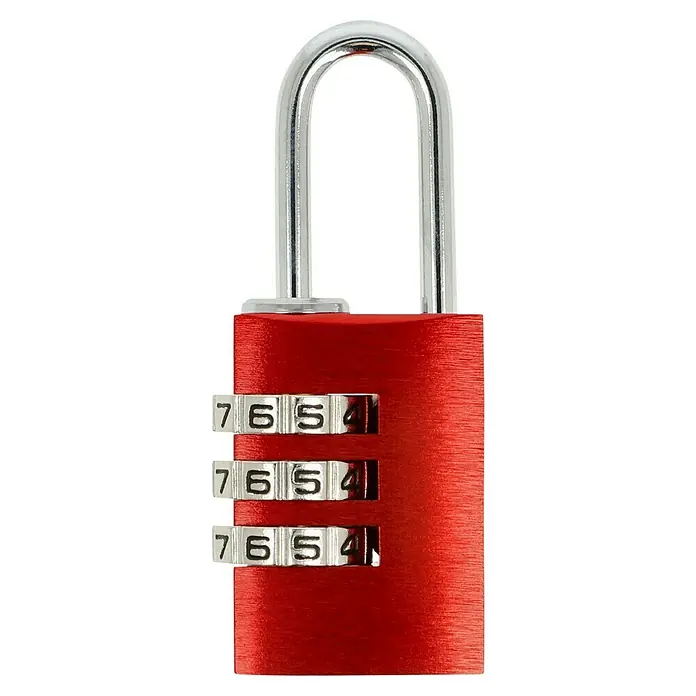 Stabilit Vorhängezahlenschloss ZA-20 R - Breite: 21 mm, Aluminium, Rot/Silber - Rotes Zahlenschloss mit silbernem Bügel. Das Schloss zeigt die Zahlenkombination 7654.
