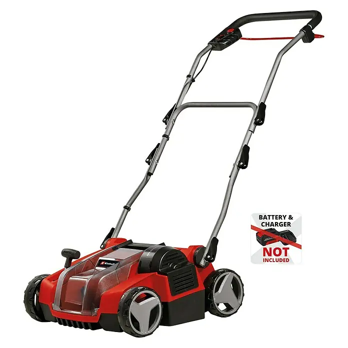 Einhell Power X-Change 18V Akku-Vertikutierer-Lüfter GE-SC 36/35 LI SOLO - Anzahl Akkus: Ohne Akku, 36 V - Ein roter Einhell Akku-Vertikutierer, ideal für die Rasenpflege. Batterie und Ladegerät sind nicht im Lieferumfang enthalten.