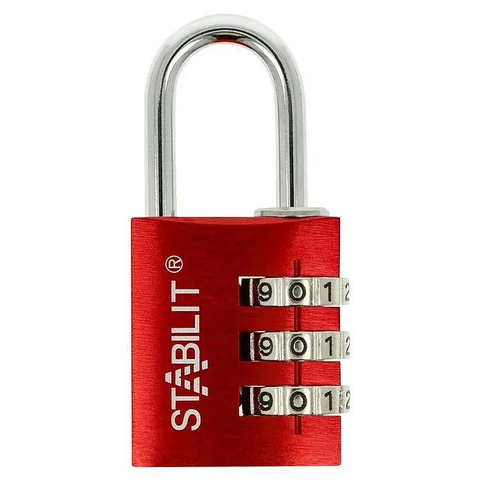 Stabilit Vorhängezahlenschloss ZA-30 R - Breite: 30 mm, Aluminium, Rot/Silber - Nahaufnahme eines roten Stabilit Zahlenschlosses mit einem silbernen Bügel und drei Zahlenscheiben, die auf 0 eingestellt sind.