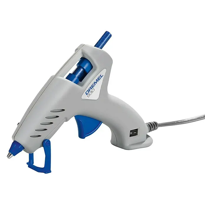 Dremel Pistola termoencoladora Hobby 930-18 - Diámetro cartucho de cola: 7 mm, Tiempo de calentamiento: 5 min - Imagen de una pistola de pegamento Dremel 930 en gris y azul, ideal para proyectos de manualidades con aplicación precisa.