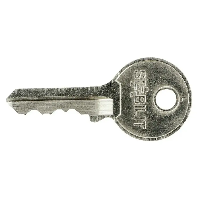Stabilit Vorhängeschloss-Set A40-4 Gleichschließend4 Stk., Breite: 40 mm - Nahaufnahme eines silbernen "Stabilil"-Schlüssels, der die Präzision und Zuverlässigkeit hervorhebt.