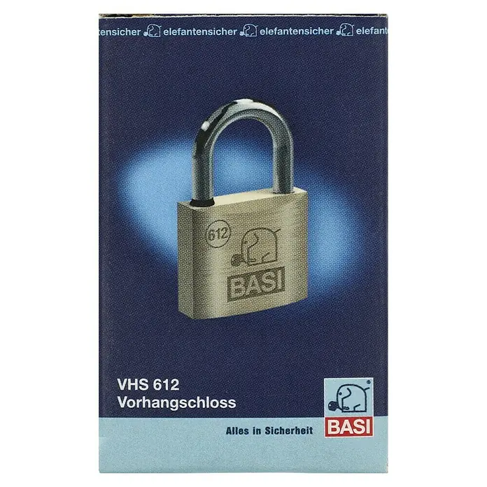 Basi Vorhängeschloss VHS 612Breite: 30 mm, Bügelstärke: 5 mm, Material Bügel: Stahl - Bild einer BASI VHS 612 Vorhangschloss-Verpackung, die ein Bild des Produkts und das BASI-Logo mit einem Elefanten zeigt.