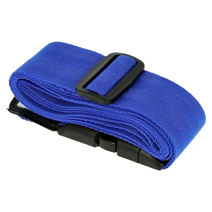 Abus Zurrgurt 620 TSA - Länge: 192 cm, Anzahl Zahlenrollen: 3 Stk., Blau - Nahaufnahme eines gefalteten, blauen Gepäckgurts mit schwarzer Schnalle und Clipverschluss. Ideal für sicheres Reisen und zur Gepäcksicherung.