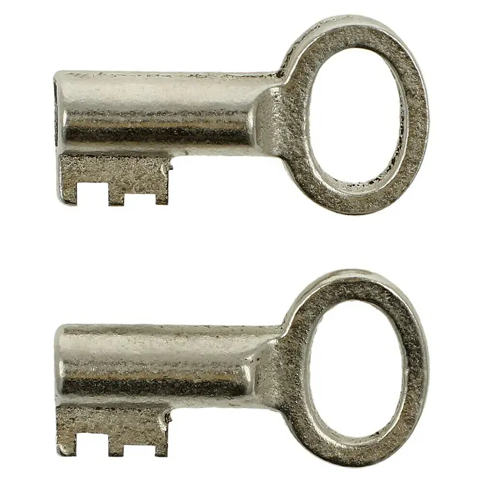 Abus Vorhängeschloss 235Z/40 - B x H: 40 x 60 mm, Bügelstärke: 6 mm, Stahl - Nahaufnahme von zwei silbernen Schlüsseln mit bartartigen Einschnitten, ideal für antike Möbel oder Vintage-Schlösser.