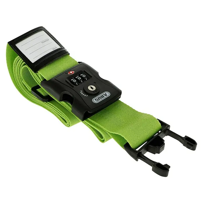 Abus Zurrgurt 620 TSA - Länge: 192 cm, Anzahl Zahlenrollen: 3 Stk., Grün - Nahaufnahme eines hellgrünen ABUS-Gepäckgurts mit TSA-Zahlenschloss und Adressetikett, ideal für sicheres Reisen.
