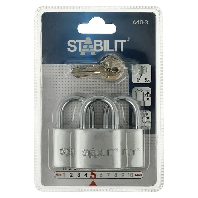 Stabilit Vorhängeschloss-Set A40-3 Gleichschließend - 3 Stk., Breite: 40 mm - Drei silberne Vorhängeschlösser der Marke Stabilit, verpackt mit Schlüsseln, auf einer transparenten Kunststoffverpackung.