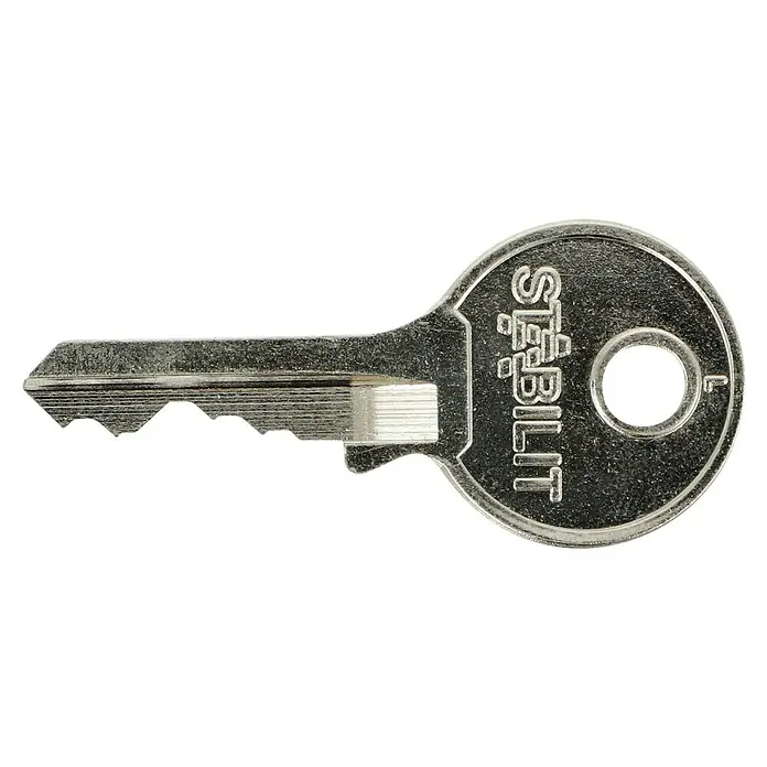 Stabilit Vorhängeschloss-Set A40-3 Gleichschließend - 3 Stk., Breite: 40 mm - Nahaufnahme eines silbernen Schlüssels von Stabil-Lit mit Zacken und einem runden Griff.