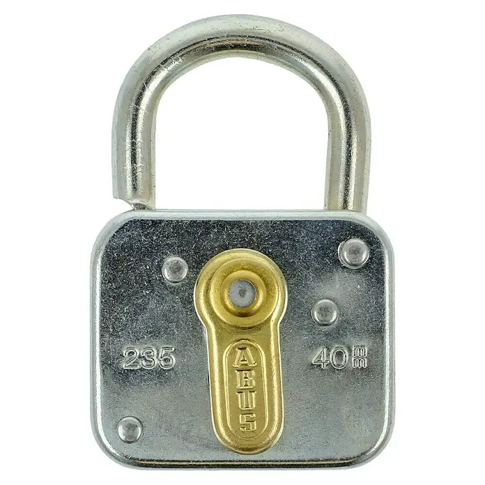 Abus Vorhängeschloss 235Z/40 - B x H: 40 x 60 mm, Bügelstärke: 6 mm, Stahl - Nahaufnahme eines ABUS-Vorhängeschlosses aus Metall mit Bügel, goldfarbenem Zylinder und den Zahlen 235 und 40 mm auf dem Gehäuse.