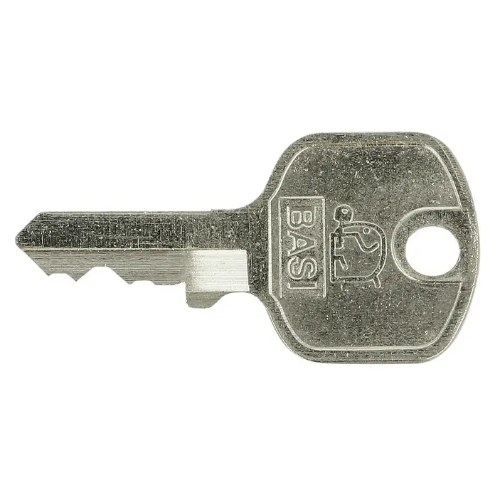 Basi Vorhängeschloss VHS 612Breite: 20 mm, Bügelstärke: 3,5 mm, Material Bügel: Stahl - Nahaufnahme eines silbernen BASI-Schlüssels mit Einschnitten und Loch, ideal für verschiedene Schließanwendungen.