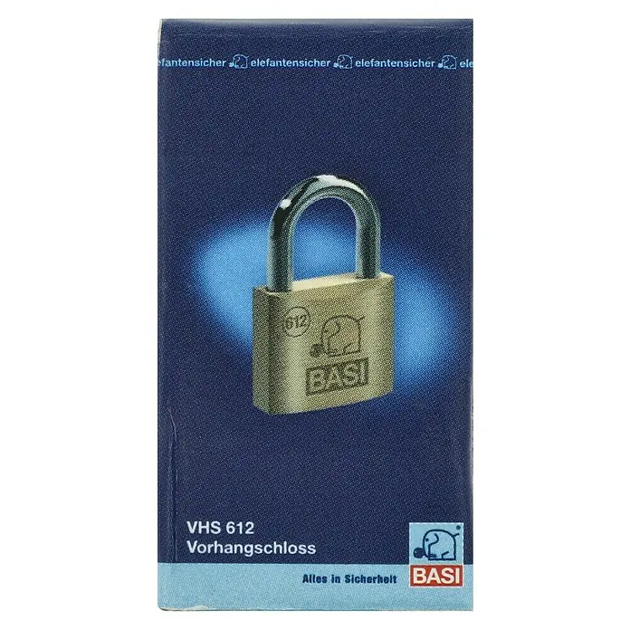 Basi Vorhängeschloss VHS 612Breite: 20 mm, Bügelstärke: 3,5 mm, Material Bügel: Stahl - Abbildung eines VHS 612 Vorhangschlosses von BASI, robust und zuverlässig für erhöhte Sicherheit.