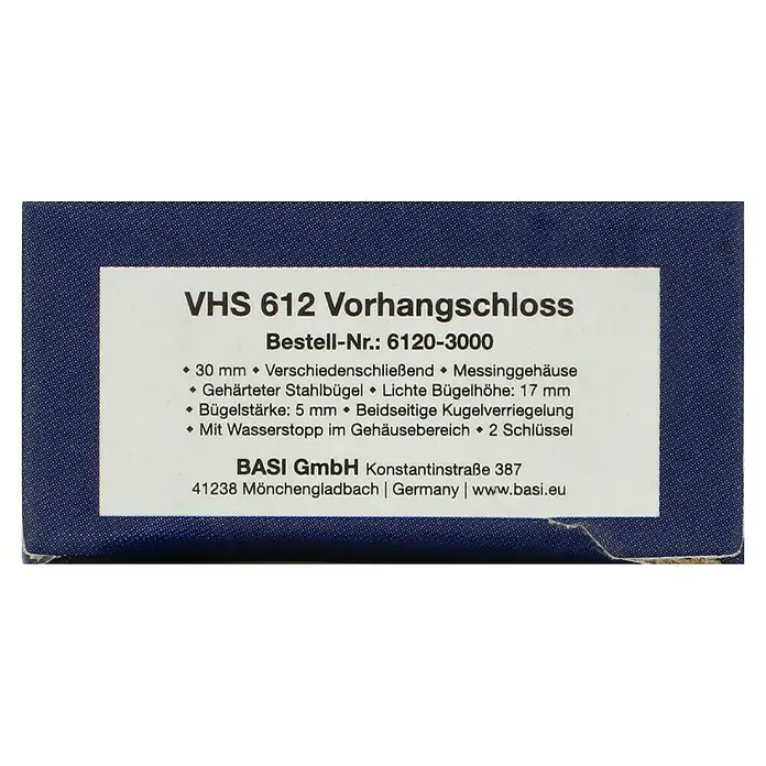 Basi Vorhängeschloss VHS 612Breite: 30 mm, Bügelstärke: 5 mm, Material Bügel: Stahl - Bild einer Verpackung für ein VHS 612 Vorhangschloss von BASI GmbH, die Details wie Bestellnummer und technische Spezifikationen auflistet.