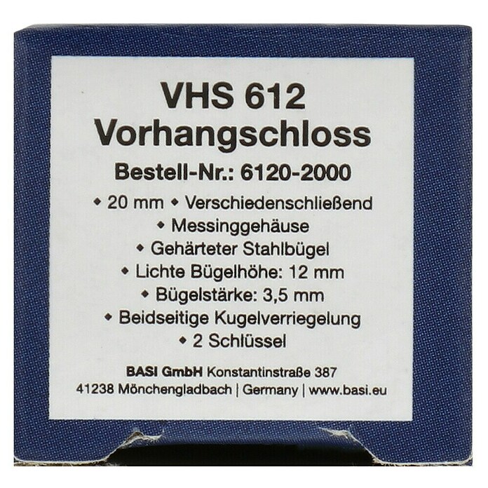 Basi Vorhängeschloss VHS 612 (Breite: 20 mm, Bügelstärke: 3,5 mm, Material Bügel: Stahl) | BAUHAUS