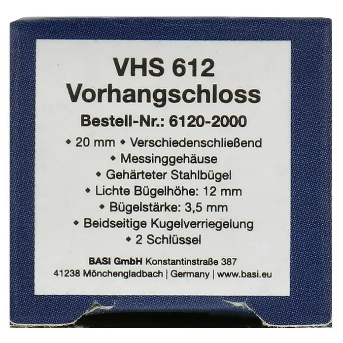 Basi Vorhängeschloss VHS 612Breite: 20 mm, Bügelstärke: 3,5 mm, Material Bügel: Stahl - Bild einer Verpackung für ein VHS 612 Vorhangschloss, mit technischen Details und Herstellerinformationen.