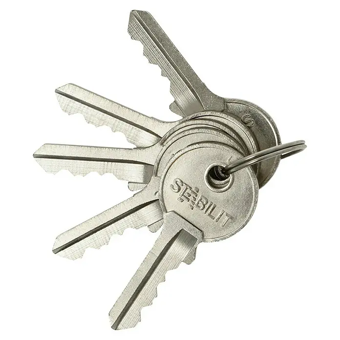 Stabilit Vorhängeschloss-Set A40-4 Gleichschließend - 4 Stk., Breite: 40 mm - Ein Schlüsselbund von "Stabilit" mit mehreren Schlüsseln an einem Ring, ideal für verschiedene Schließsysteme.