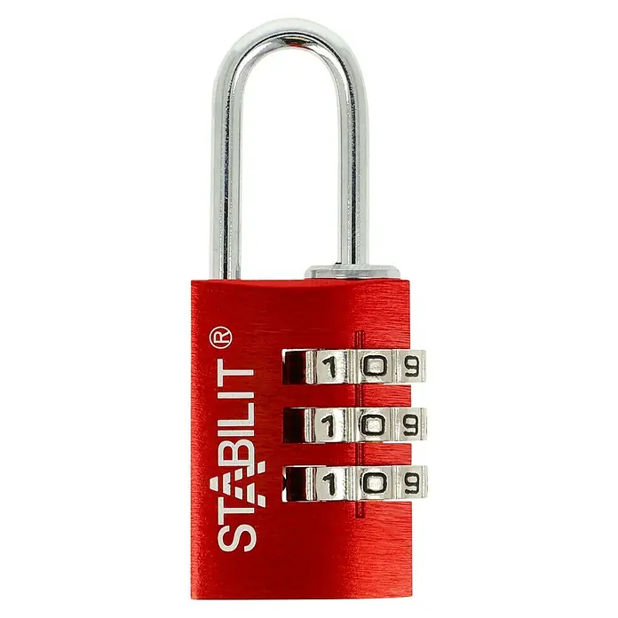 Stabilit Vorhängezahlenschloss ZA-20 R - Breite: 21 mm, Aluminium, Rot/Silber - Das Bild zeigt ein rotes Stabilit Zahlenschloss mit einem silbernen Bügel. Es ist ein robustes Schloss mit dreistelliger Zahlenkombination.