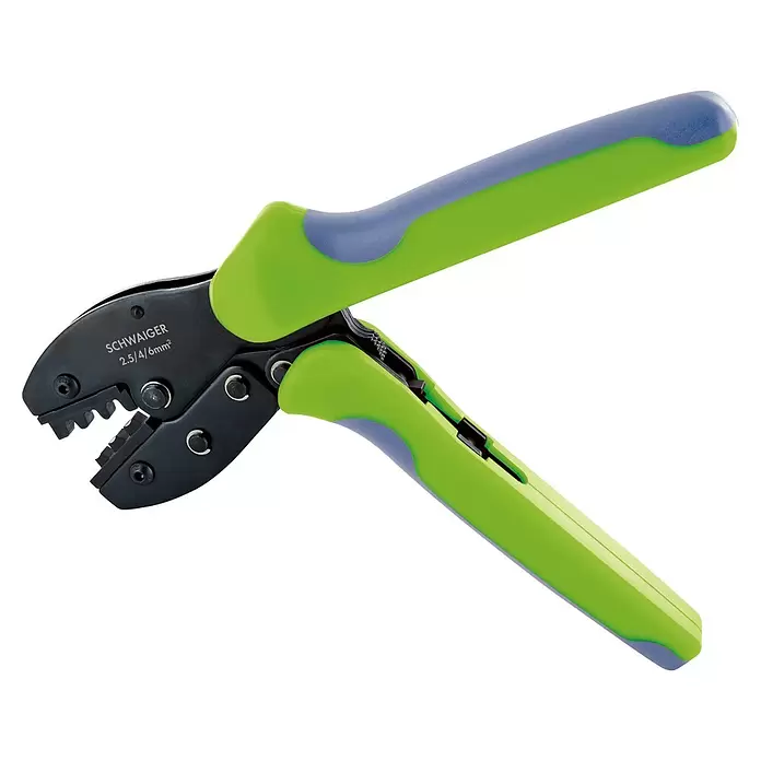 Schwaiger Crimpzange - Länge: 220 mm - Grün-blaue Crimpzange für 2,5/4/6mm² Kabel mit schwarzen Metallbacken.