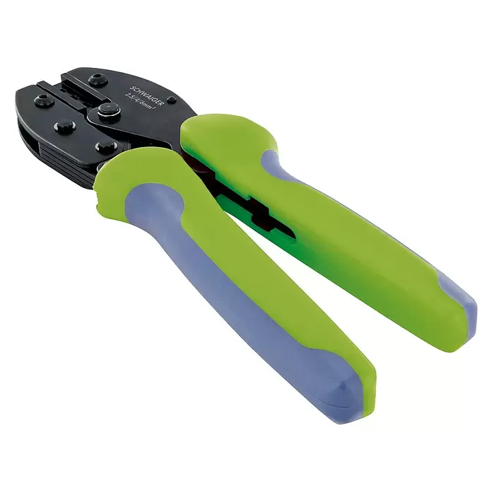 Schwaiger Crimpzange - Länge: 220 mm - Schwarze Crimpzange mit ergonomischen grünen und blauen Griffen, für elektrische Verbindungen.