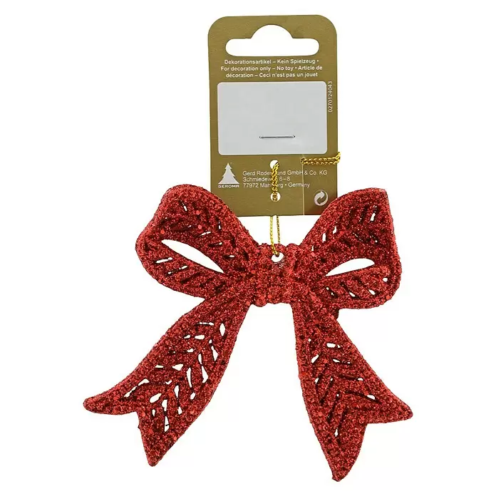 Christbaumschmuck Schleife - Rot, Kunststoff, 1 Stk. - Glitzernde rote Weihnachtsschleife als Dekoration mit goldener Schnur und Etikett.