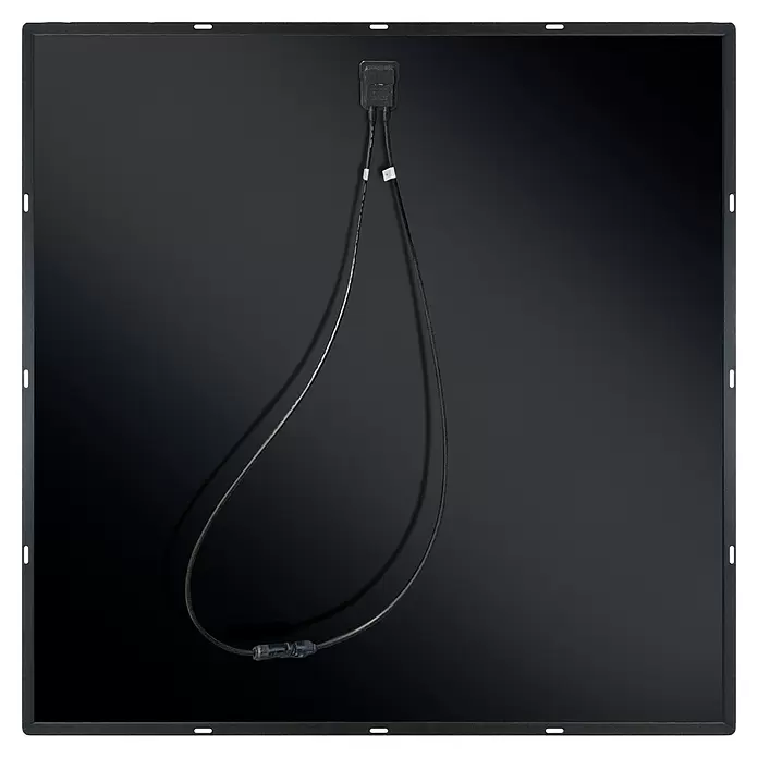 Schwaiger Solarmodul-Set Slim Line 400W - 0% MwSt. (gem. § 12 Abs. 3 UStG) - Nennleistung: 400 W, L x B x H: 102,5 x 102,5 x 0,5 cm, 2 Stk. - Rückseite eines schwarzen Solarpanels mit zentraler Anschlussdose und elektrischen Kabeln.