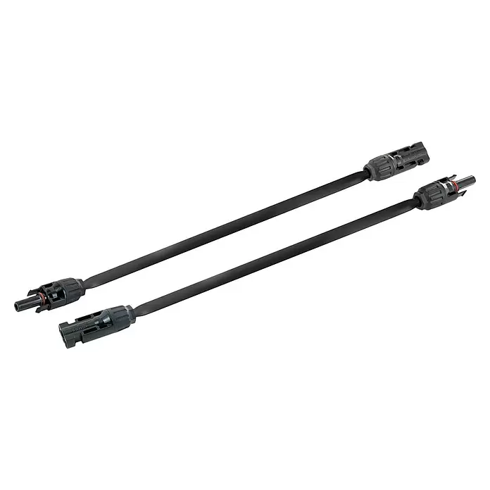Schwaiger Solarkabel SOMC4030 - Kabellänge: 30 cm, 2 Stk. - Zwei schwarze Solar-Verlängerungskabel mit MC4-Steckern, ein Stecker und eine Buchse.
