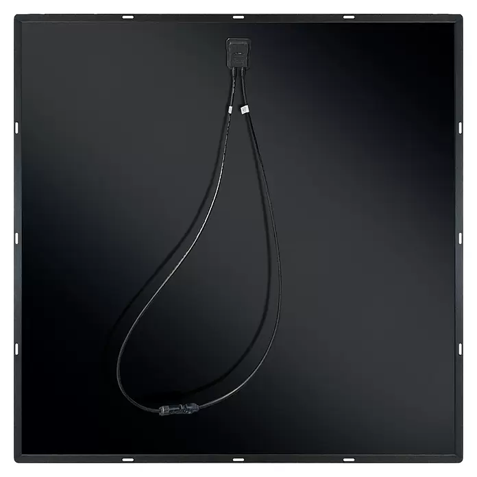 Schwaiger Solarmodul-Set Slim Line 800 W - 0% MwSt. (gem. § 12 Abs. 3 UStG) - Nennleistung: 800 W, L x B x H: 102,5 x 102,5 x 0,5 cm, 4 Stk. - Rückseite eines schwarzen Solarpanels mit angeschlossener Anschlussdose und zwei Stromkabeln.