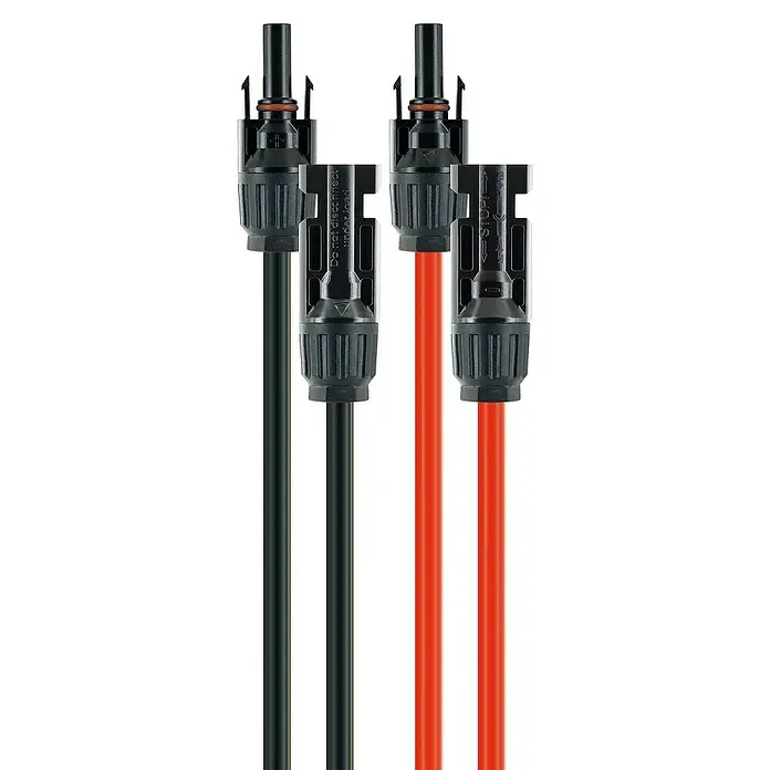 Schwaiger Solarmodul-Set Slim Line 400W - 0% MwSt. (gem. § 12 Abs. 3 UStG) - Nennleistung: 400 W, L x B x H: 102,5 x 102,5 x 0,5 cm, 2 Stk. - Nahaufnahme von zwei Paaren von MC4-Steckverbindern mit schwarzen und roten Kabeln, die für Solaranlagen verwendet werden.
