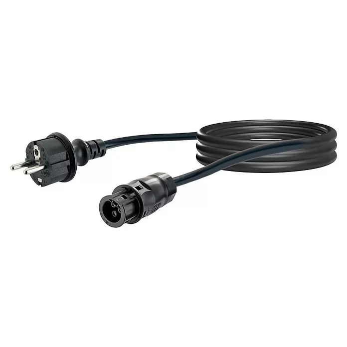 Schwaiger Solarkabel Typ-F - Kabellänge: 5 m - Schwarzes Stromkabel mit Schuko-Stecker und CEE-Industriestecker, aufgerollt.