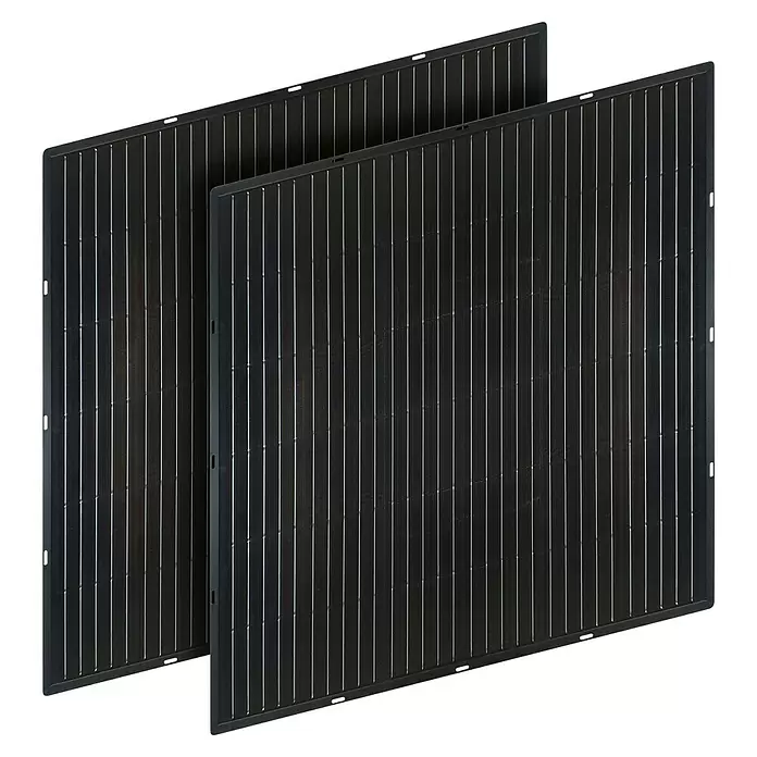 Schwaiger Solarmodul-Set Slim Line 400W - 0% MwSt. (gem. § 12 Abs. 3 UStG) - Nennleistung: 400 W, L x B x H: 102,5 x 102,5 x 0,5 cm, 2 Stk. - Zwei schwarze Solarpaneele mit vertikalen weißen Linien.