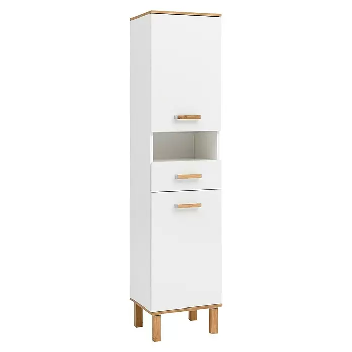 Schildmeyer Padua Hochschrank - B x T x H: 40,4 x 35 x 178,5 cm, Weiß/Eiche Landhaus, Glänzend - Weißer Hochschrank mit heller Holzplatte, Griffen und Füßen, einer Tür, offenem Fach und zwei Schubladen.