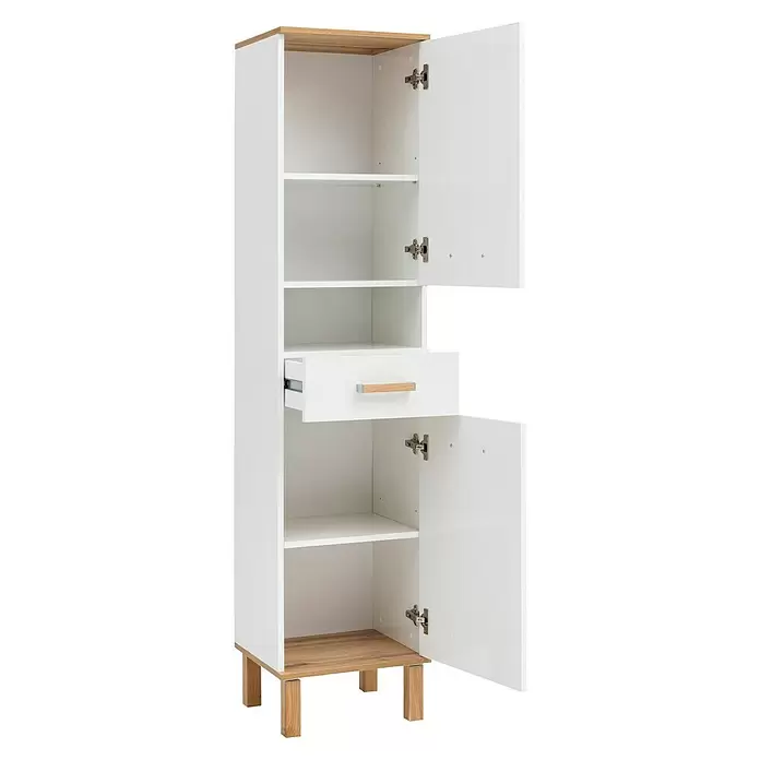 Schildmeyer Padua Hochschrank - B x T x H: 40,4 x 35 x 178,5 cm, Weiß/Eiche Landhaus, Glänzend - Weißer Hochschrank mit Holzoptik, offenen Türen, Einlegeböden und einer geöffneten Schublade.