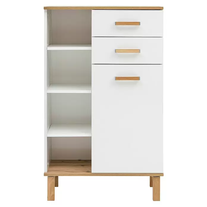 Schildmeyer Padua Bad-Highboard - B x T x H: 67 x 35 x 114,5 cm, Weiß/Eiche Landhaus, Glänzend - Weißer Schrank mit heller Holzplatte, -sockel und Griffen, ausgestattet mit offenen Regalen und drei Schubladen/Türen.