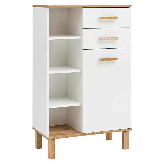 Schildmeyer Padua Bad-Highboard - B x T x H: 67 x 35 x 114,5 cm, Weiß/Eiche Landhaus, Glänzend - Weißer Schrank mit heller Holzplatte, Basis und Griffen, links offene Regale, rechts drei Staufächer.