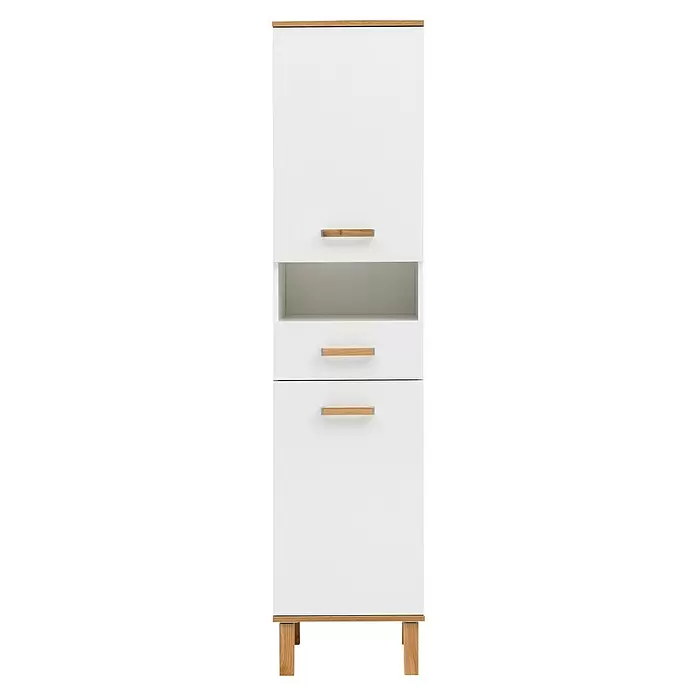 Schildmeyer Padua Hochschrank - B x T x H: 40,4 x 35 x 178,5 cm, Weiß/Eiche Landhaus, Glänzend - Weißer Schrank mit Holzoptik-Oberplatte, Griffen und Füßen, mit einer oberen Tür, offenem Fach und zwei Schubladen.
