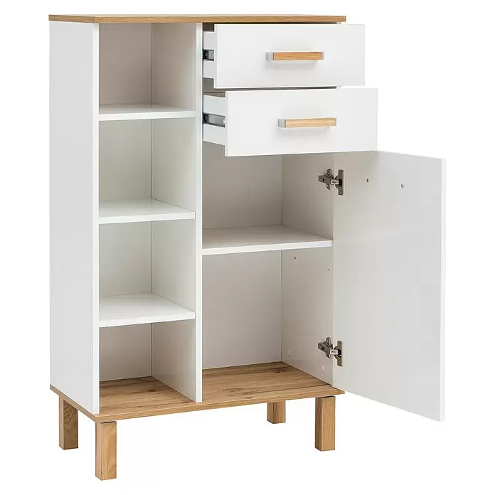 Schildmeyer Padua Bad-Highboard - B x T x H: 67 x 35 x 114,5 cm, Weiß/Eiche Landhaus, Glänzend - Weiß-hellbrauner Stauraumschrank mit offenen Regalfächern, zwei ausgezogenen Schubladen und einer offenen Tür.