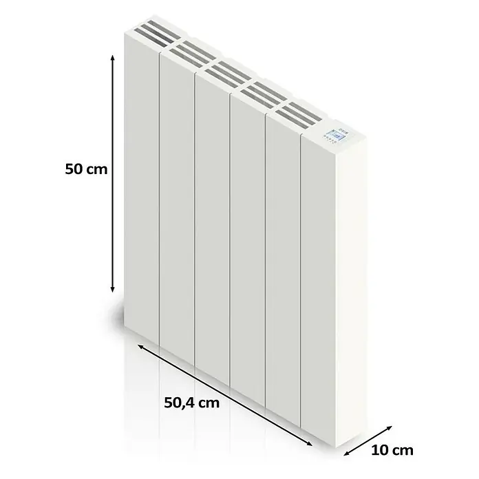 HJM Emisor térmico Ava - 1.000 W, Blanco, 7,5 x 50,4 x 50 cm, Seco - Ilustración de un radiador blanco con dimensiones de 50 cm de altura, 50,4 cm de ancho y 10 cm de profundidad.