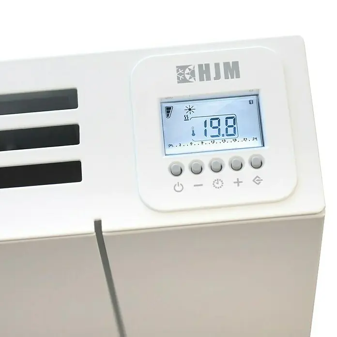 HJM Emisor térmico Ava - 500 W, Blanco, 7,5 x 33,5 x 50 cm, Seco - Primer plano de un calentador blanco con control digital que muestra una temperatura de 19,8 grados.