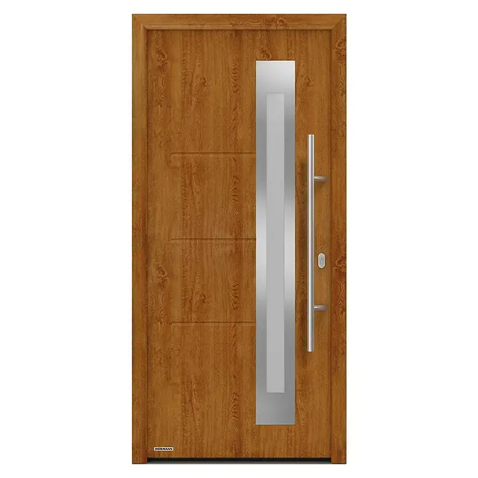 Hörmann EcoStar Haustür ISOPRO Secur IPS 780S - 110 x 210 cm, DIN Anschlag: Rechts, Golden Oak - Eine moderne, braune Haustür mit einem vertikalen, silbernen Element und einem eleganten Griff. Die Tür strahlt Stil und Sicherheit aus.