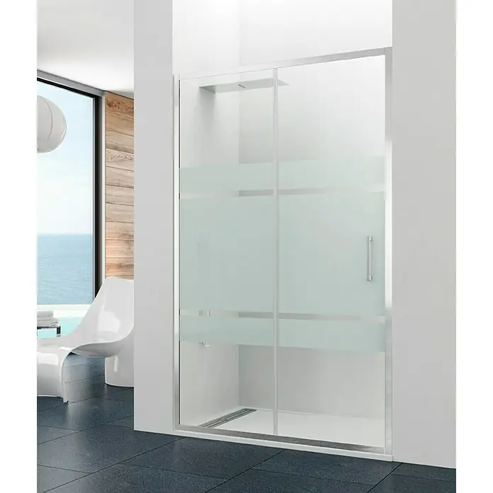 GME Mampara de ducha frontal Prestige Frost - 100 x 195 cm, Anodizado, Espesor de vidrio: 8 mm, Plata brillo - Cabina de ducha con puertas correderas de vidrio esmerilado y marco plateado, creando un espacio de ducha moderno y elegante.