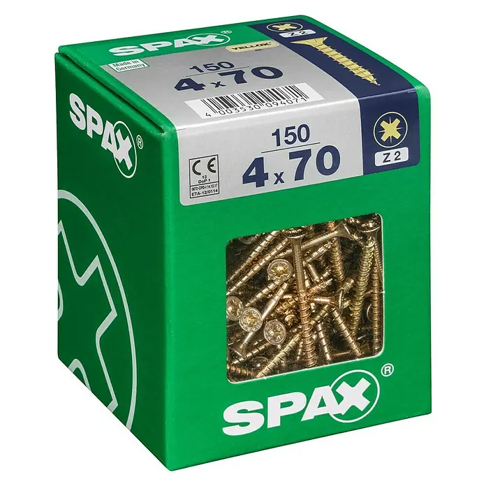 Spax Universalschraube - 4 x 70 mm, Vollgewinde, 150 Stk. - Abbildung einer grünen Schachtel Spax Universalschrauben 4x70mm mit Teilgewinde und Senkkopf, ideal für Holzverbindungen.