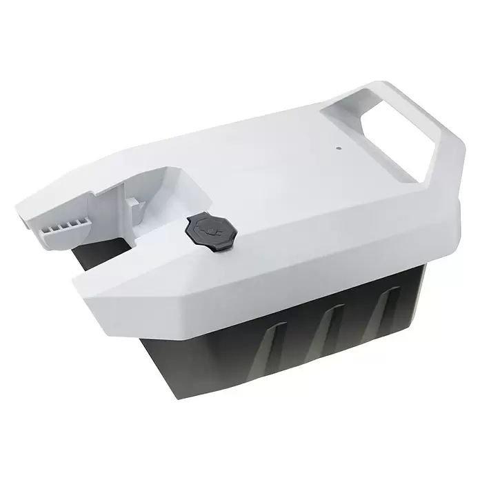 Torqeedo Elektro-Außenbordmotor Travel S - 1.100 W, Pinnensteuerung, Schaftlänge: 625 mm - Weiß-schwarzer Akku aus Kunststoff mit Griff und grauer Kappe.