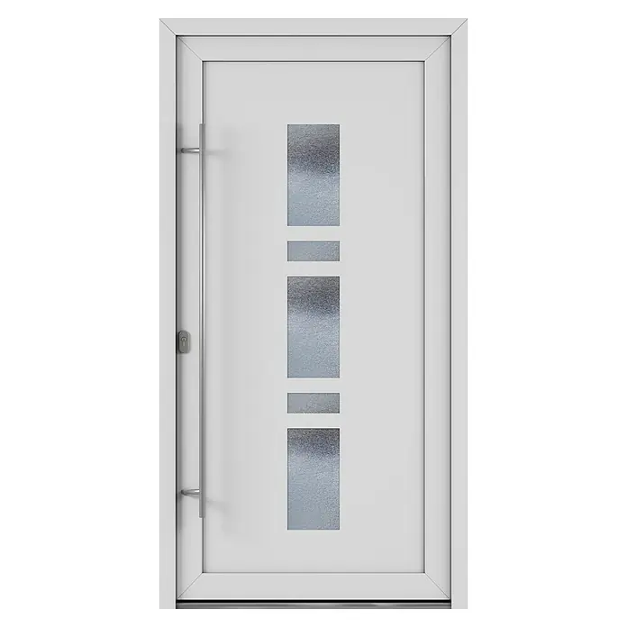 Solid Elements Haustür 1001 - 110 x 210 cm, DIN Anschlag: Links, Weiß - Moderne weiße Haustür mit vertikalen Glasausschnitten und einem eleganten, silberfarbenen Griff für einen stilvollen Eingangsbereich.