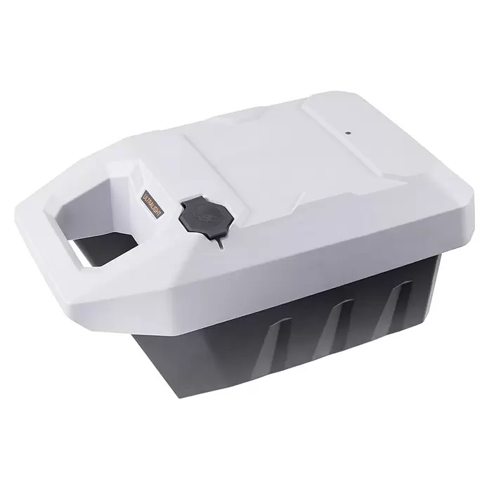 Torqeedo Elektro-Außenbordmotor Travel S - 1.100 W, Pinnensteuerung, Schaftlänge: 625 mm - Weiß-dunkelgraue Ultraleicht-Batteriebox mit Tragegriff und Verschlusskappe.
