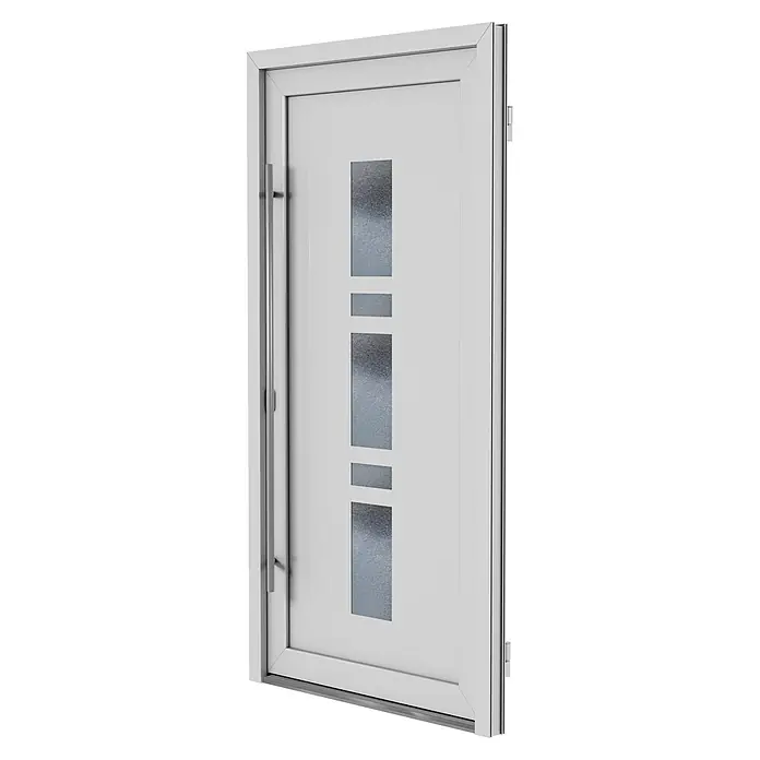 Solid Elements Haustür 1001 - 110 x 210 cm, DIN Anschlag: Links, Weiß - Moderne Haustür in Weiß mit senkrechten Glaseinsätzen und langem, silberfarbenem Griff für einen stilvollen Eingangsbereich.