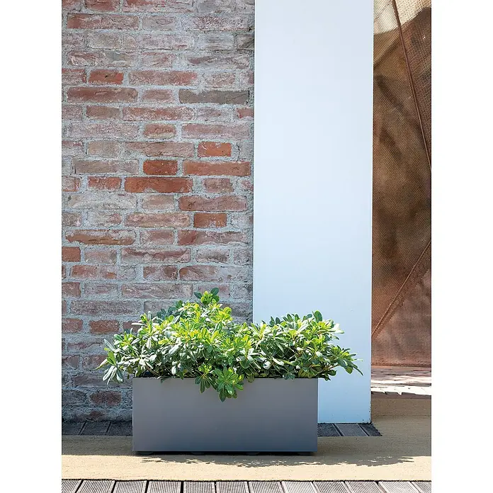 Deroma Millennium Macetero para plantas - Dimensiones externas (L x An x Al): 79 x 39 x 39 cm, Plástico, Ceniza - Jardinera con plantas verdes en un patio, con pared de ladrillo y columna blanca al fondo.