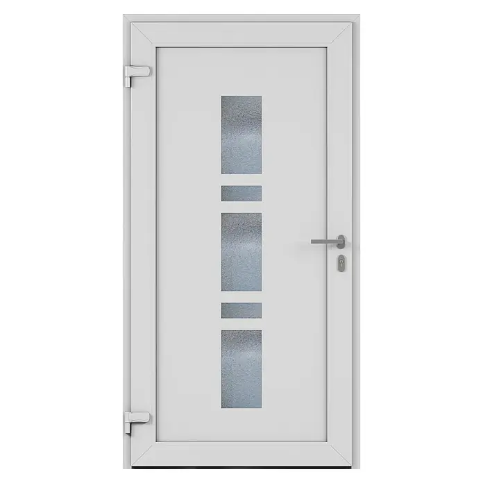 Solid Elements Haustür 1001 - 110 x 210 cm, DIN Anschlag: Links, Weiß - Nahaufnahme einer stilvollen weißen Tür mit modernen Glasakzenten, die ein minimalistisches und helles Design für jeden Raum bietet.