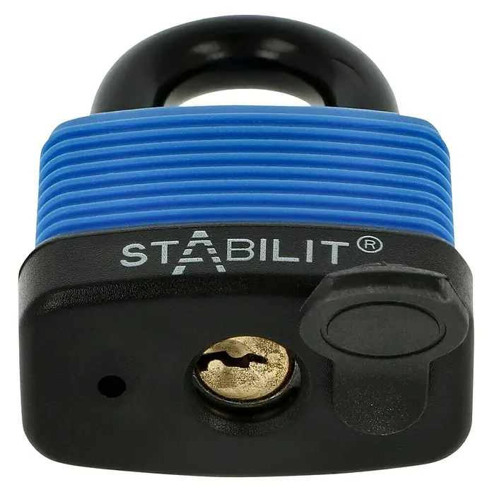 Stabilit Vorhängeschloss K50 - Breite: 44 mm, Bügelstärke: 9 mm - Nahaufnahme eines Stabilit® Vorhängeschlosses mit blauem Gehäuse und schwarzem Bügel.