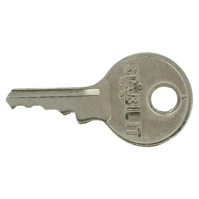 Stabilit Vorhängeschloss-Set A20-2 Gleichschließend - 2 Stk., Breite: 21 mm - Nahaufnahme eines silbernen Schlüssels mit der Aufschrift "Sterbilite" und einem runden Kopf mit Loch.
