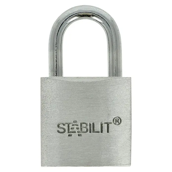 Stabilit Vorhängeschloss-Set A20-2 Gleichschließend - 2 Stk., Breite: 21 mm - Nahaufnahme eines robusten, silbernen Vorhängeschlosses der Marke STABILIT, das Sicherheit und Zuverlässigkeit verspricht.