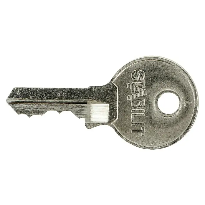 Stabilit Vorhängeschloss-Set A30-2 Gleichschließend - 2 Stk., Breite: 30 mm - Nahaufnahme eines silbernen Stabilit-Schlüssels mit Zacken und einem runden Kopf mit Loch.