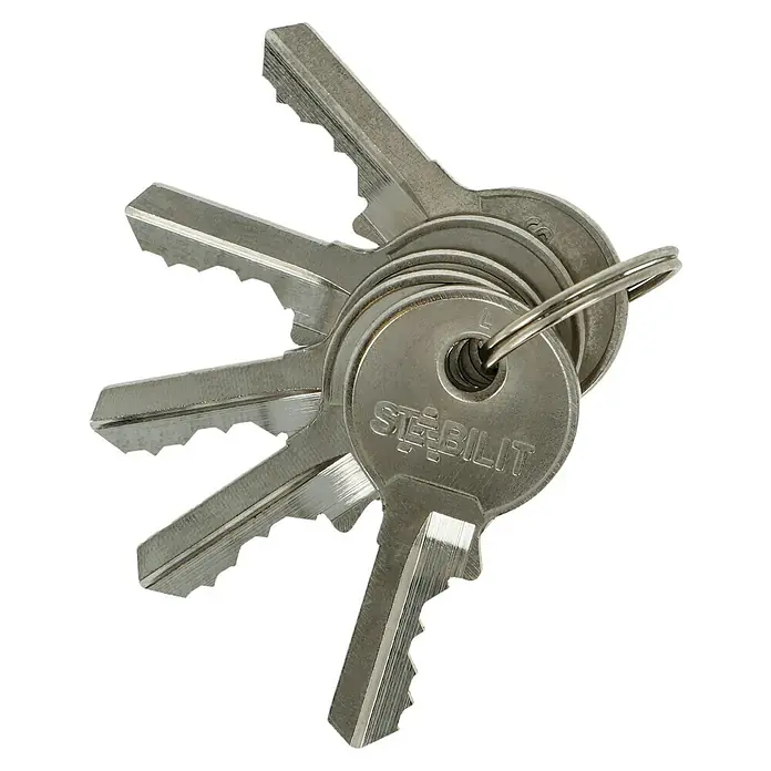 Stabilit Vorhängeschloss-Set A30-2 Gleichschließend - 2 Stk., Breite: 30 mm - Ein Schlüsselbund der Marke Stabilit, die an einem Schlüsselring befestigt sind, auf schwarzem Hintergrund.